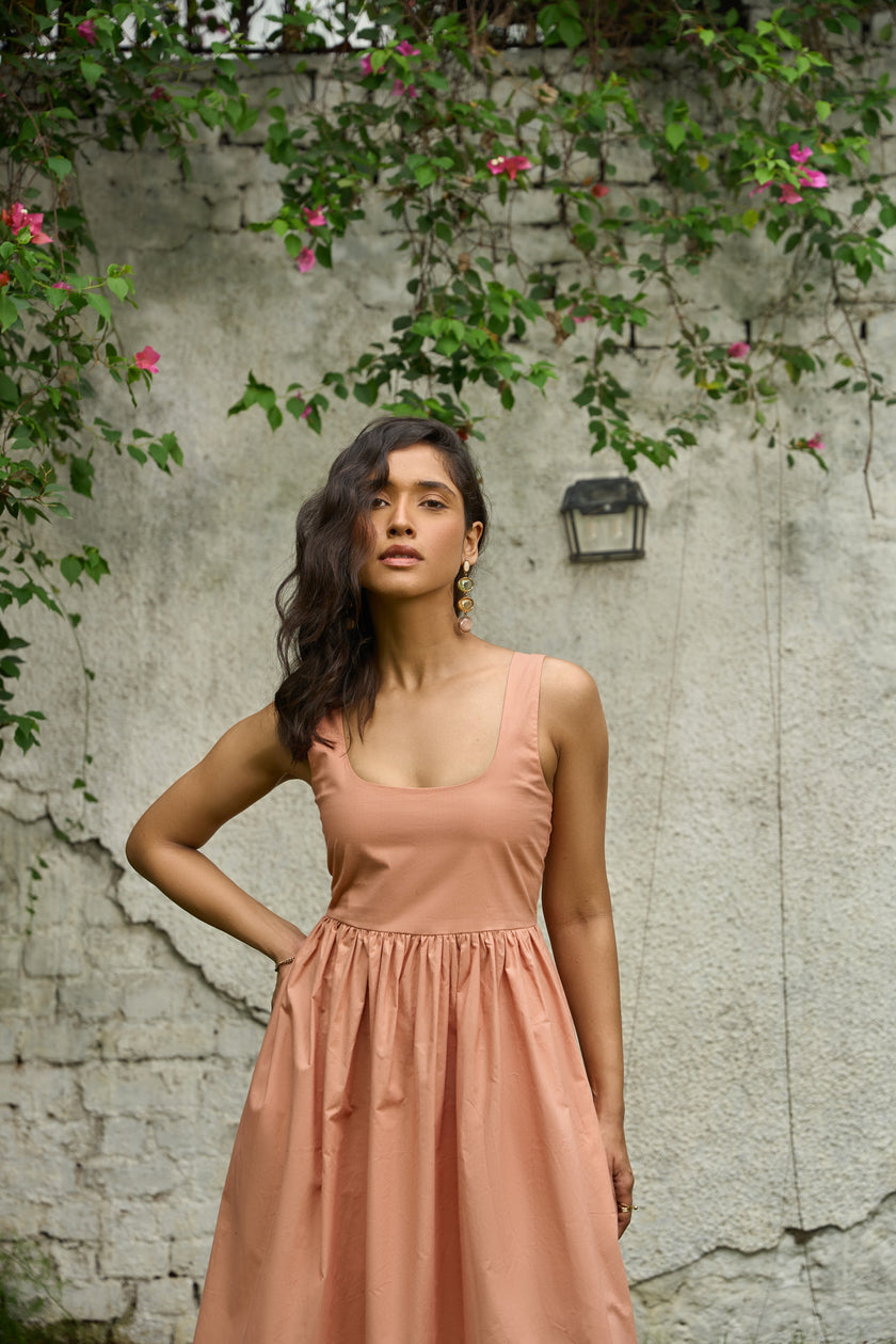PEACH PEARL NATURALLY DYED MIDI DRESS