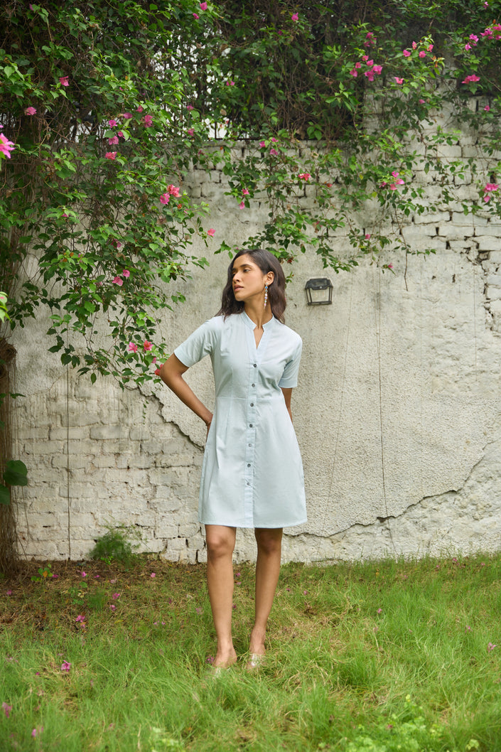 Band Collar Mini Dress in Misty Aqua
