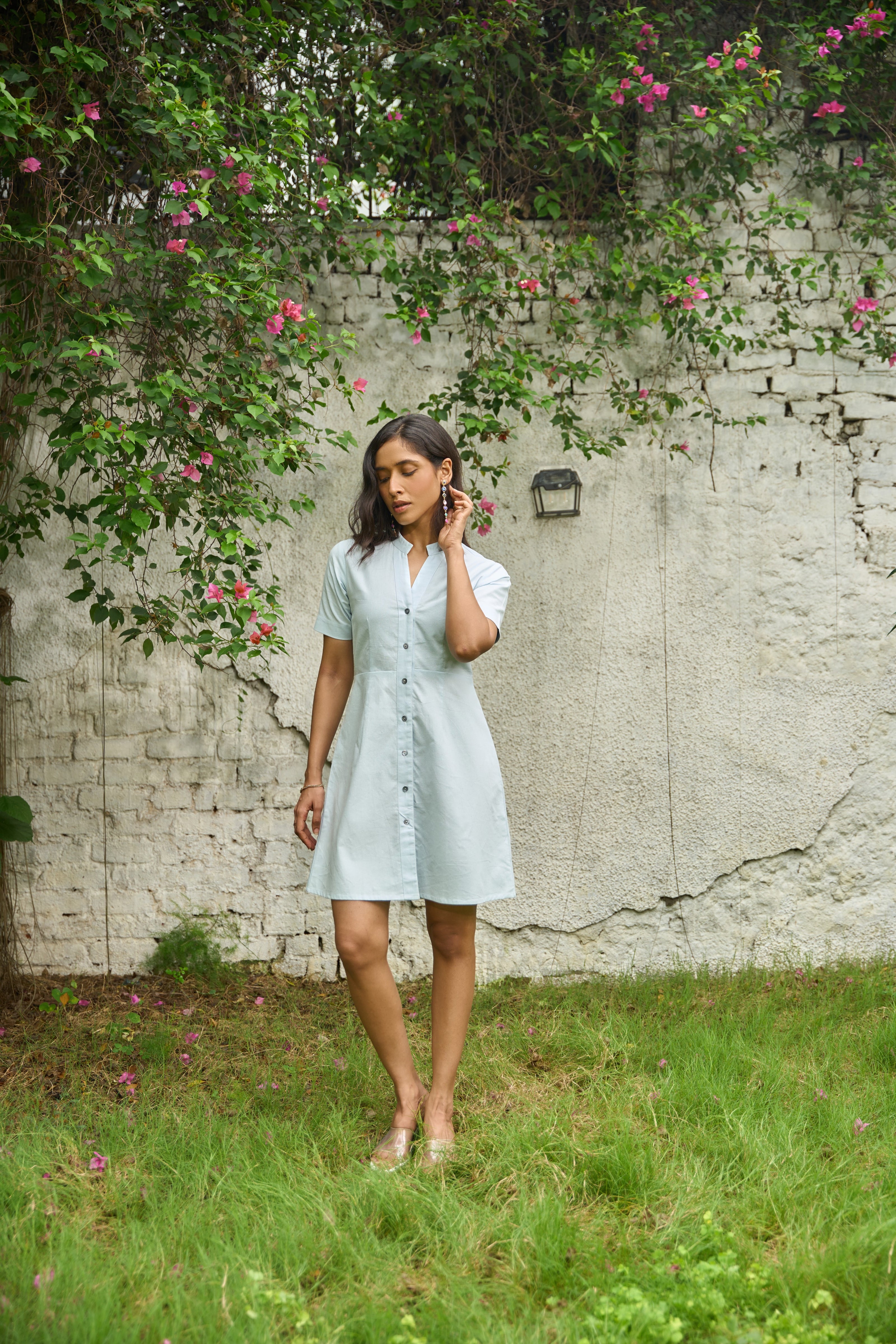 Band Collar Mini Dress in Misty Aqua