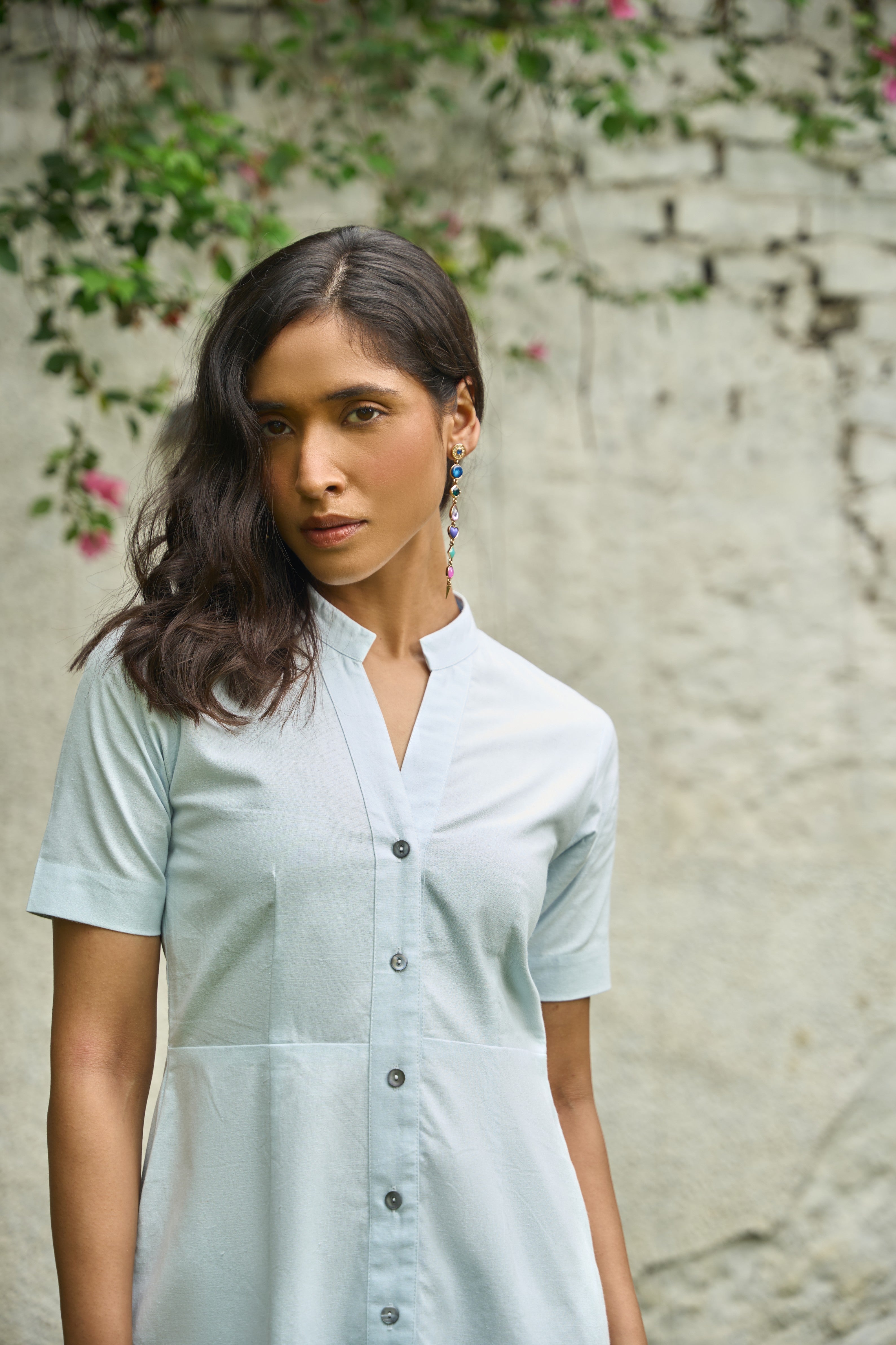 Band Collar Mini Dress in Misty Aqua