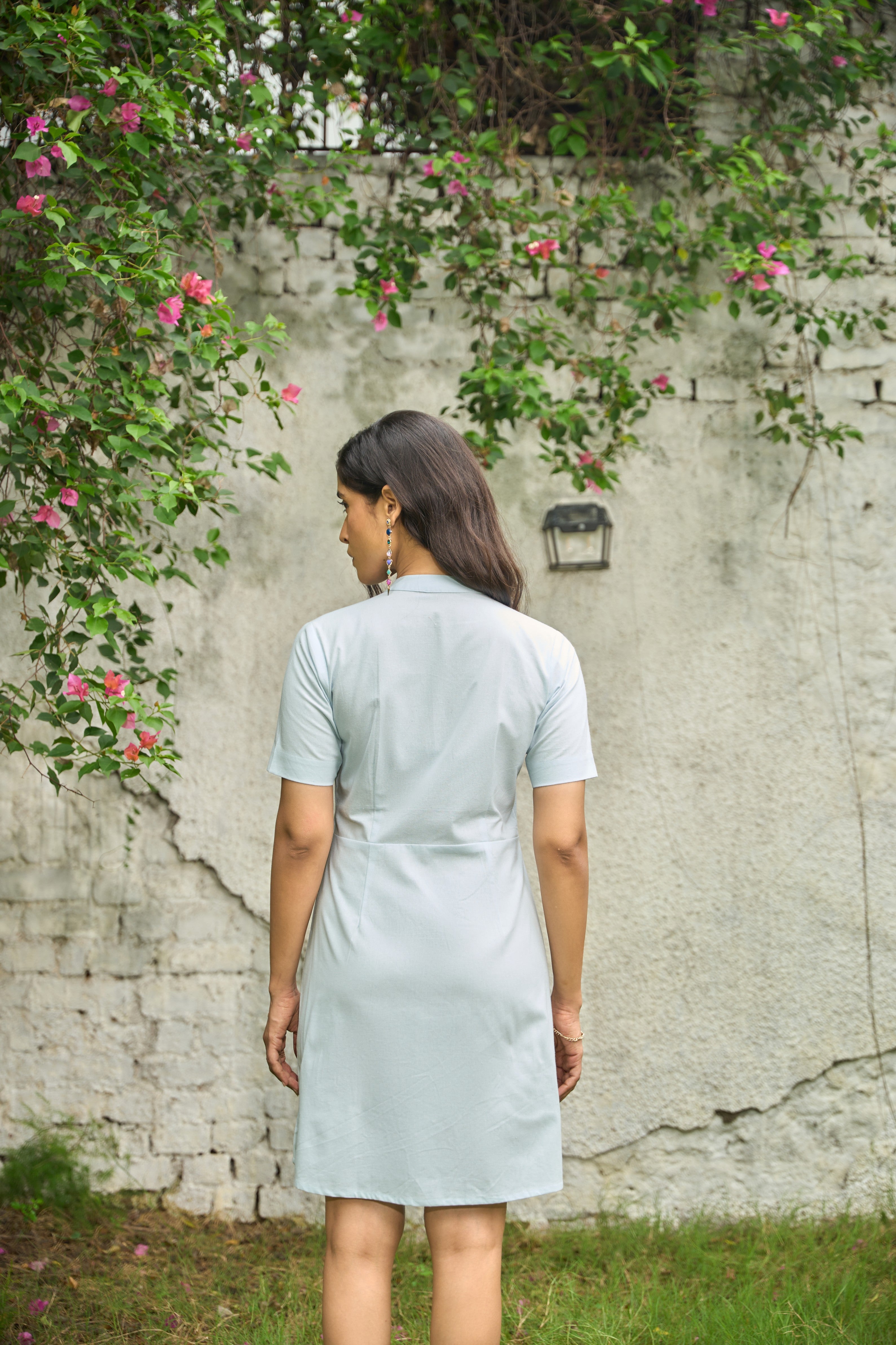 Band Collar Mini Dress in Misty Aqua