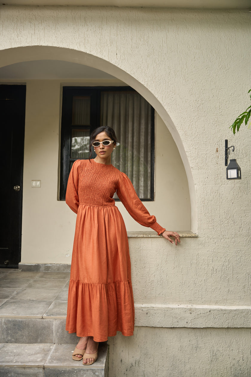 CAMBRIDGE BROWN SMOCKED MAXI DRESS