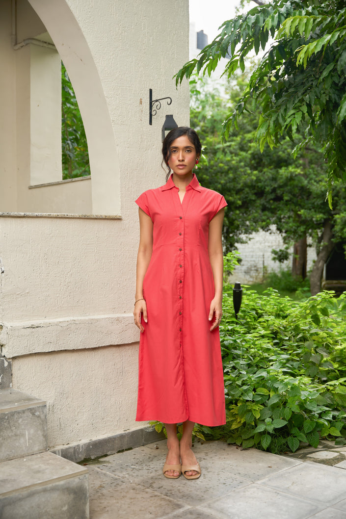 DROPPED SHOULDER SHIRT MIDI DRESS IN DEEP SEA CORAL