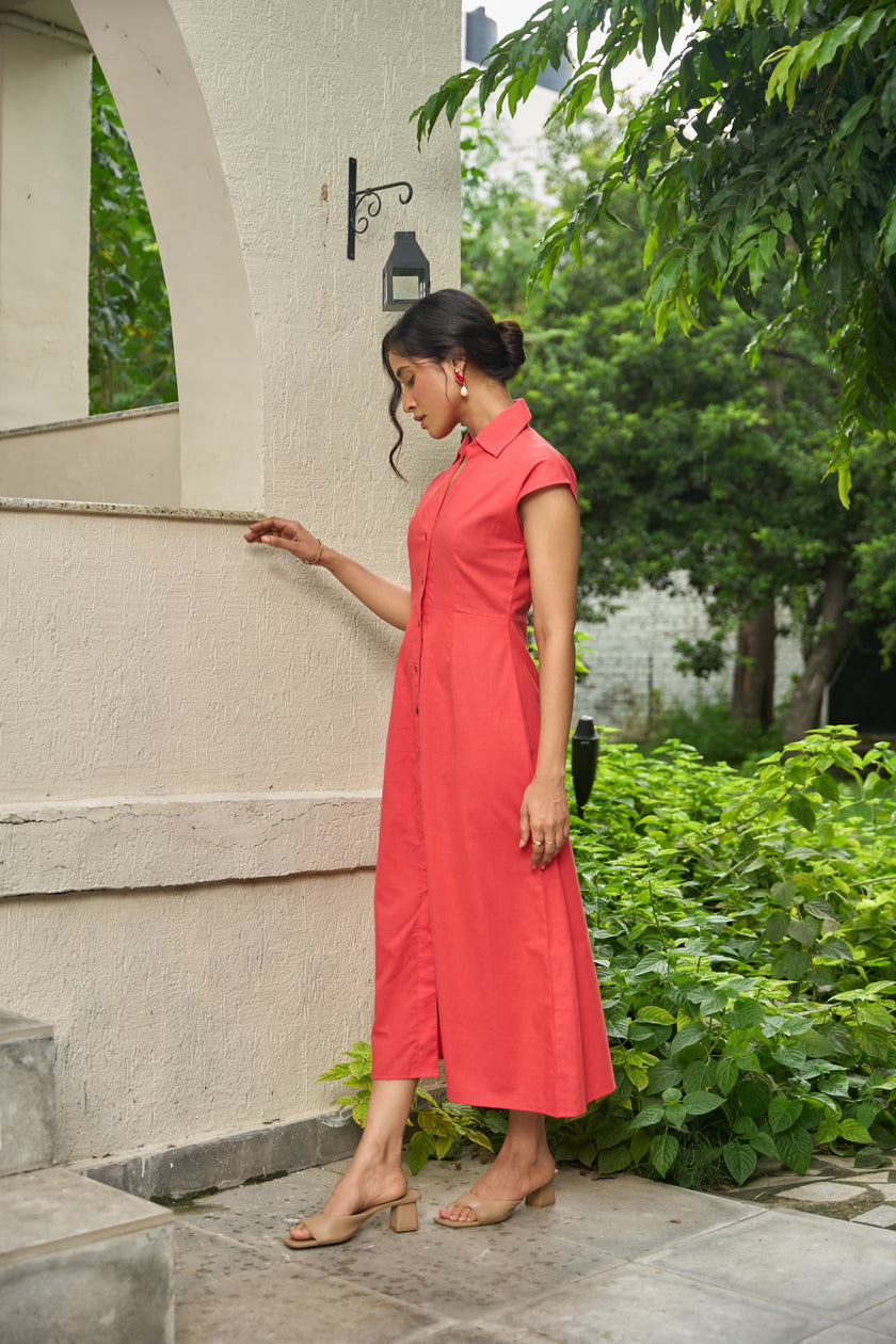 DROPPED SHOULDER SHIRT MIDI DRESS IN DEEP SEA CORAL