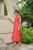 DROPPED SHOULDER SHIRT MIDI DRESS IN DEEP SEA CORAL