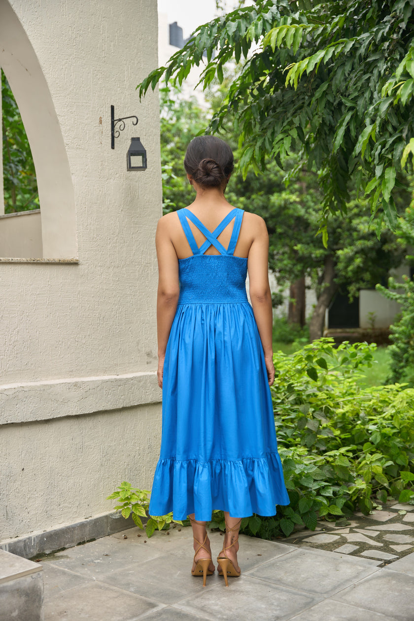 SUNLIT SAPPHIRE ORGANIC SMOCKED MIDI DRESS