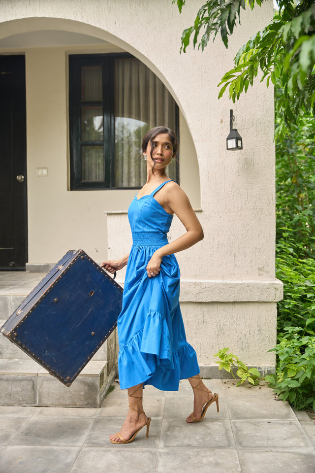 SUNLIT SAPPHIRE ORGANIC SMOCKED MIDI DRESS