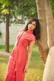 DROPPED SHOULDER SHIRT MIDI DRESS IN DEEP SEA CORAL