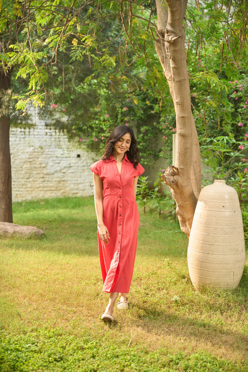 DROPPED SHOULDER SHIRT MIDI DRESS IN DEEP SEA CORAL