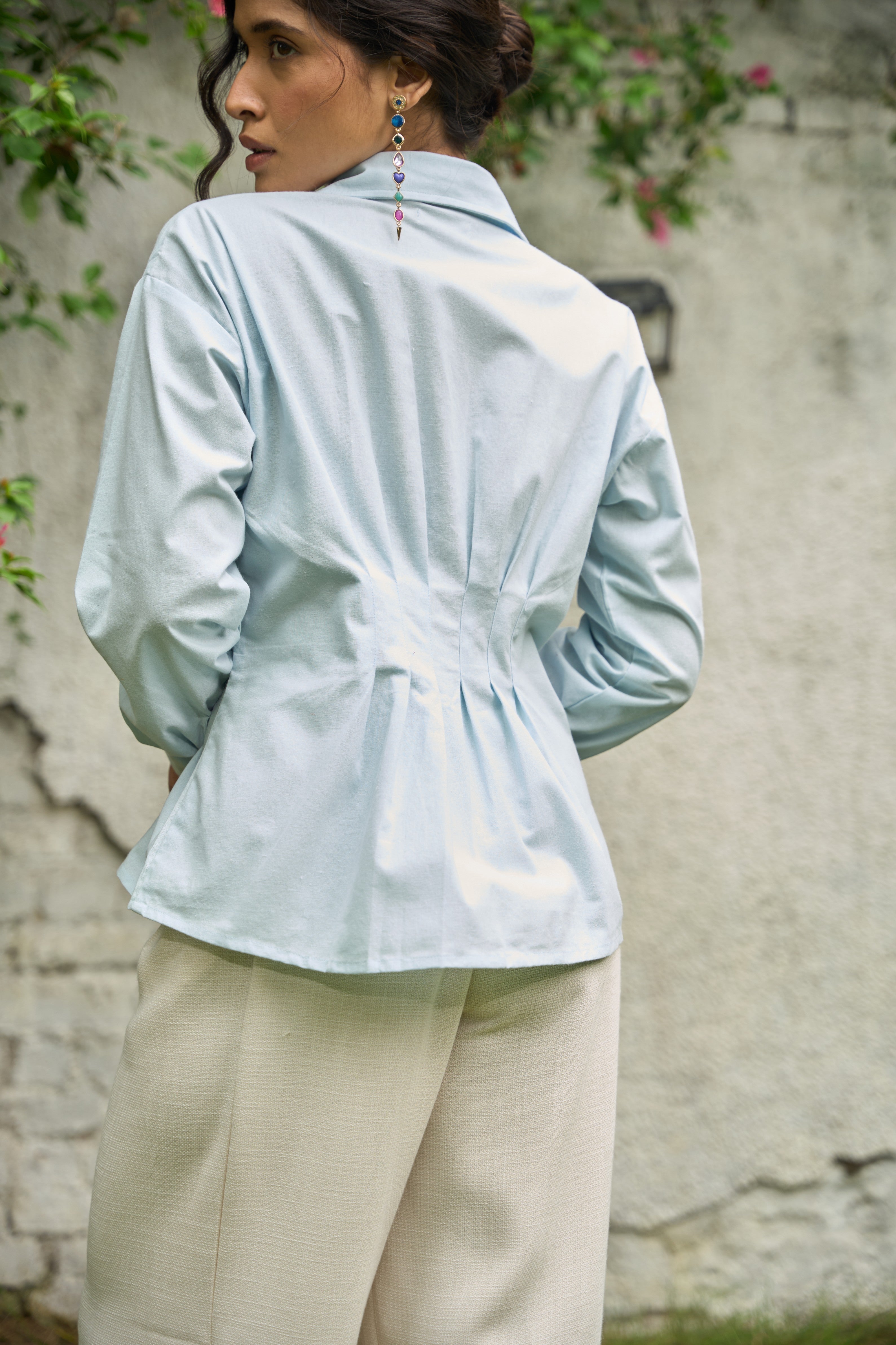 Fitted Shirt Top in Sky Blue