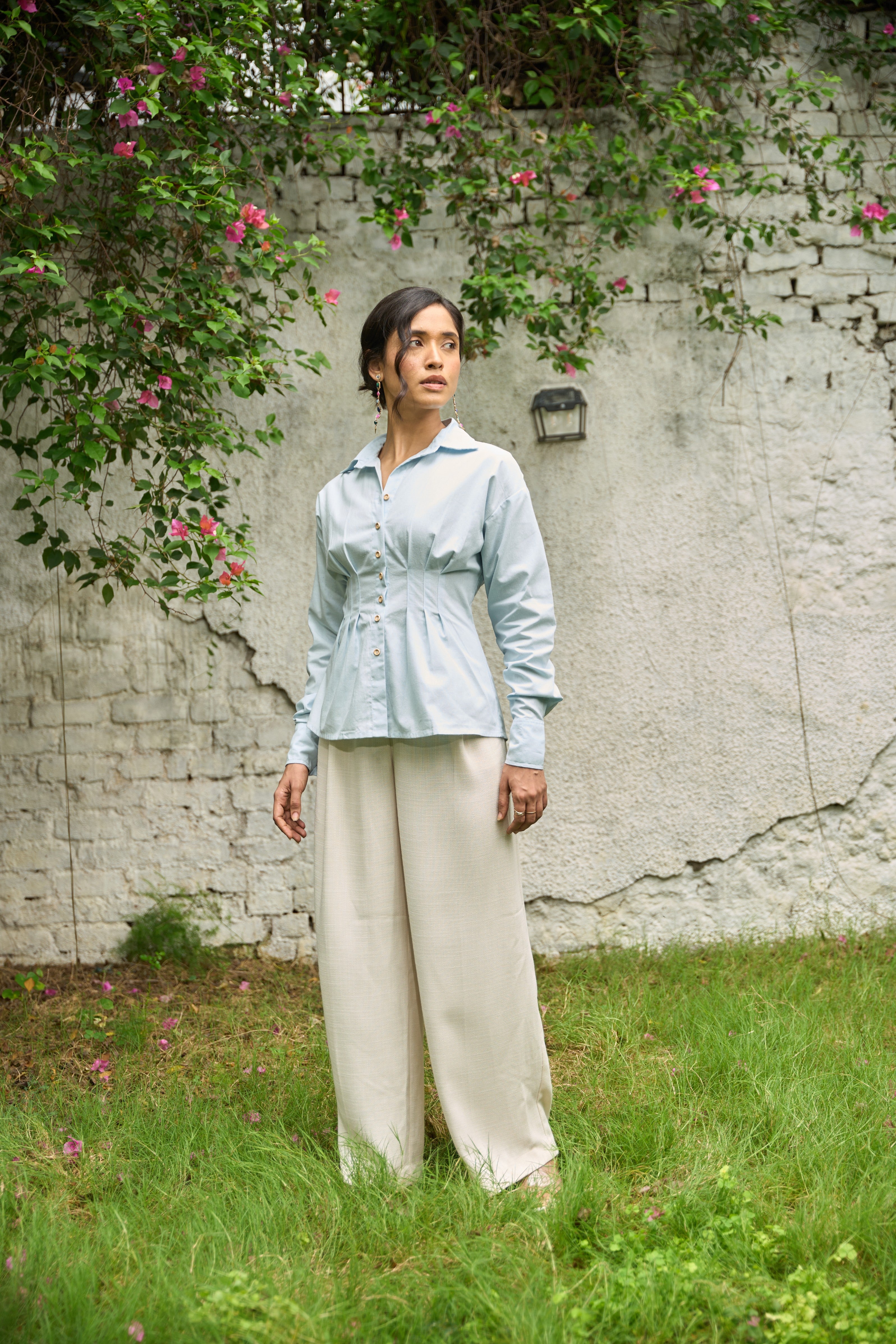 Fitted Shirt Top in Sky Blue