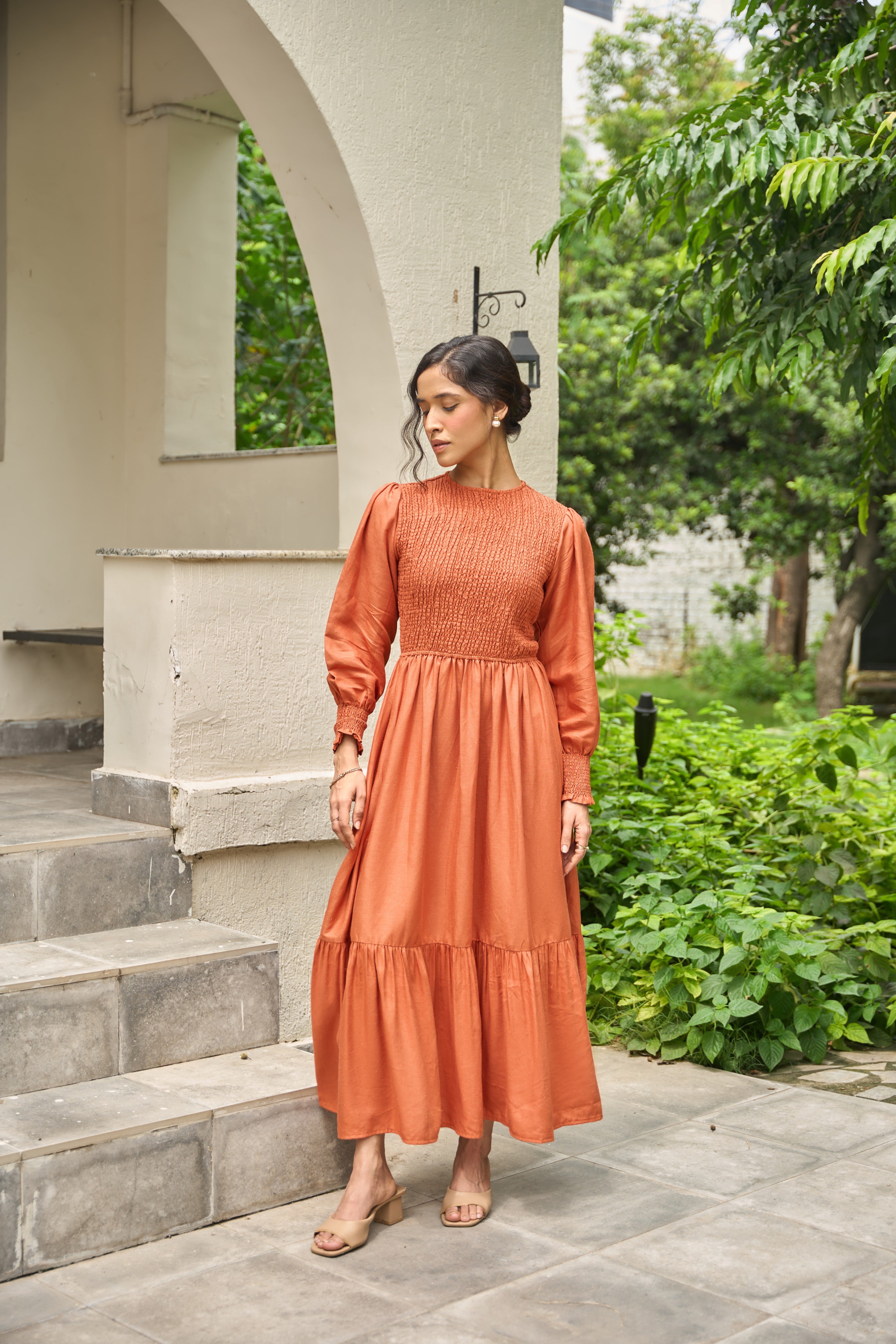 Smocked Maxi Dress in Cambridge Brown