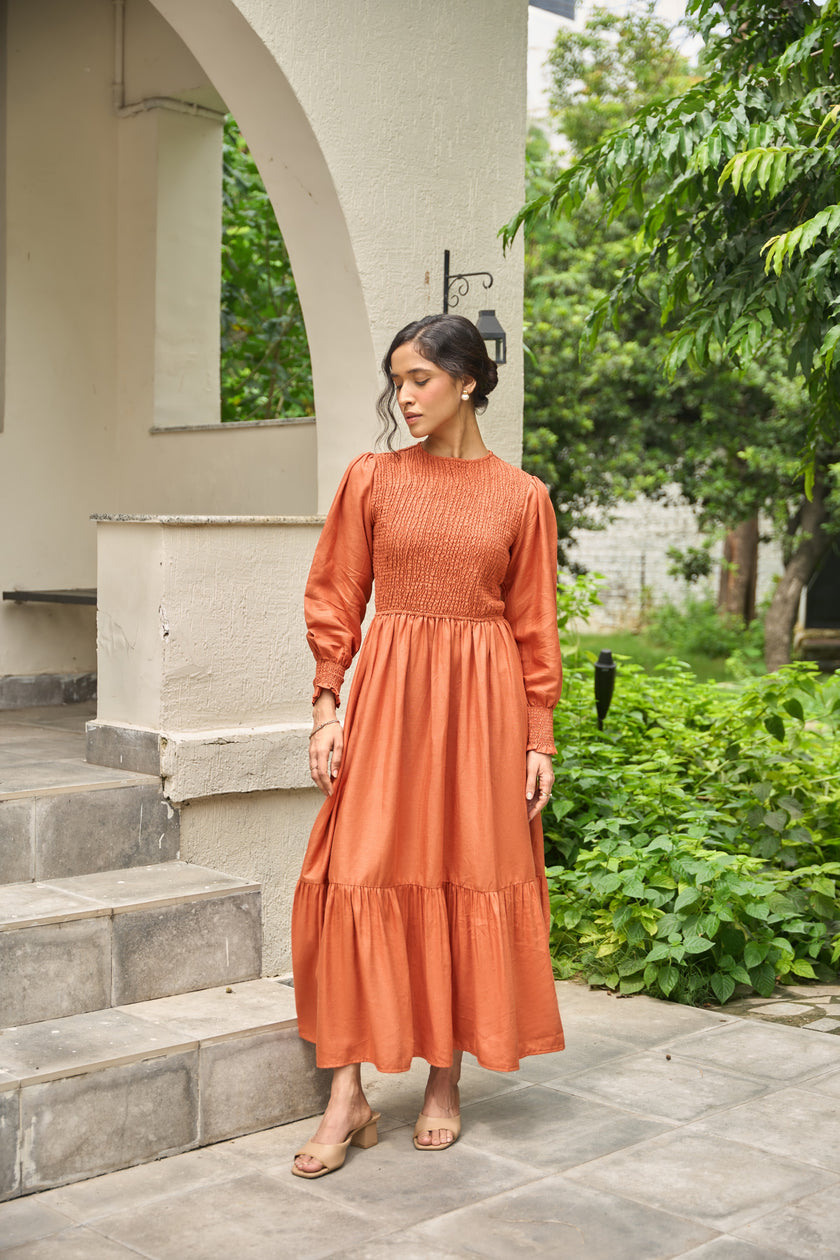 CAMBRIDGE BROWN SMOCKED MAXI DRESS