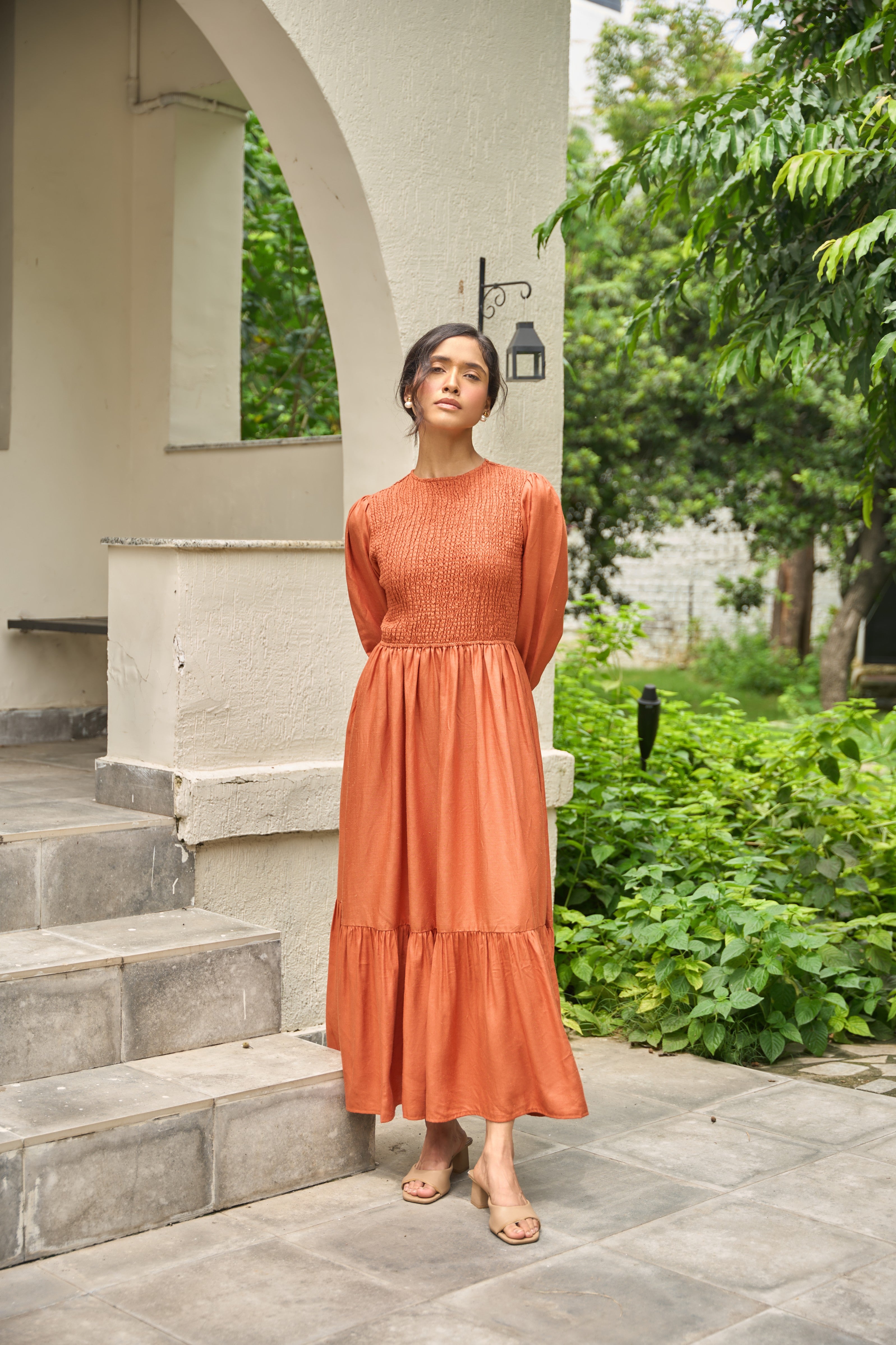 Smocked Maxi Dress in Cambridge Brown