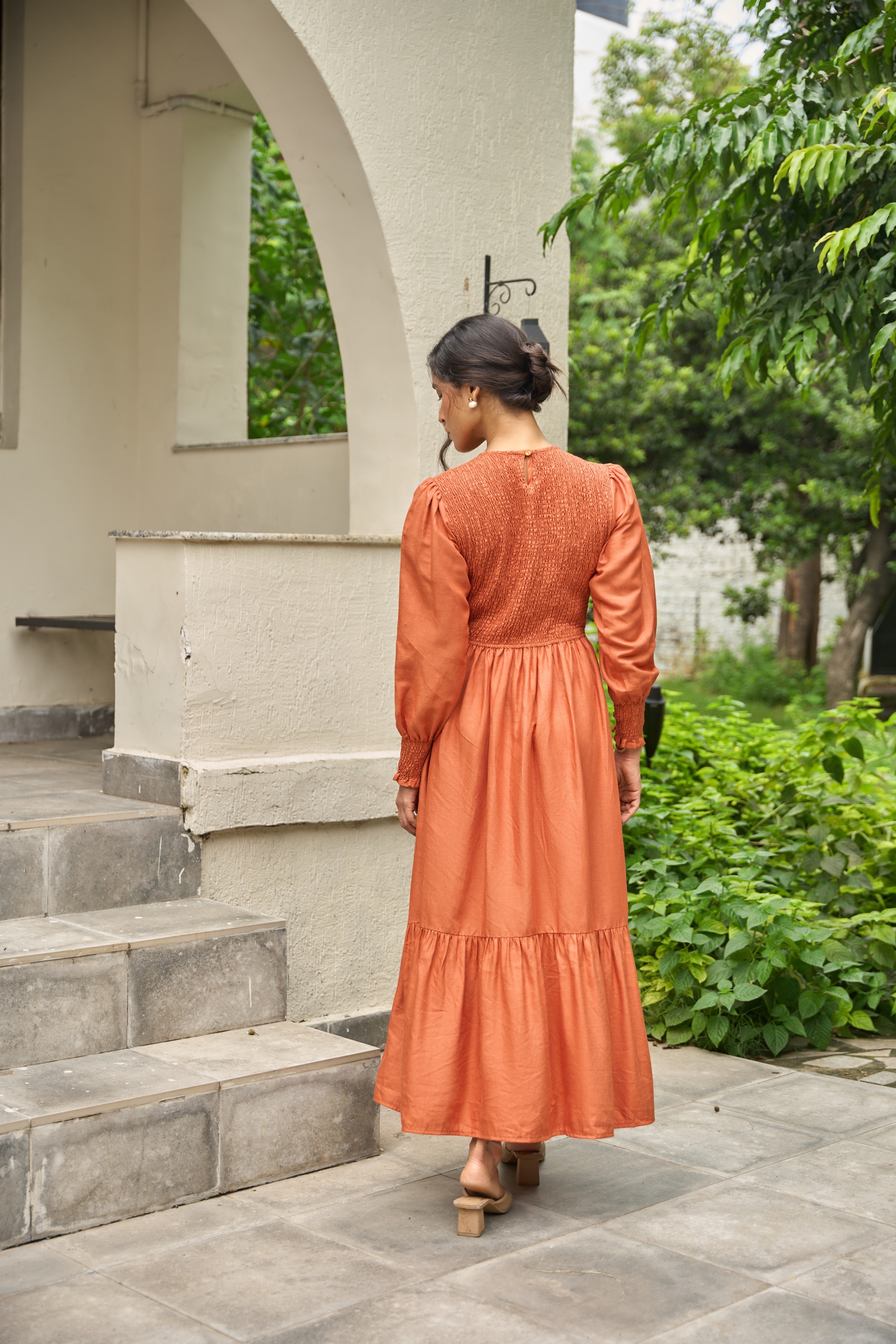 Smocked Maxi Dress in Cambridge Brown