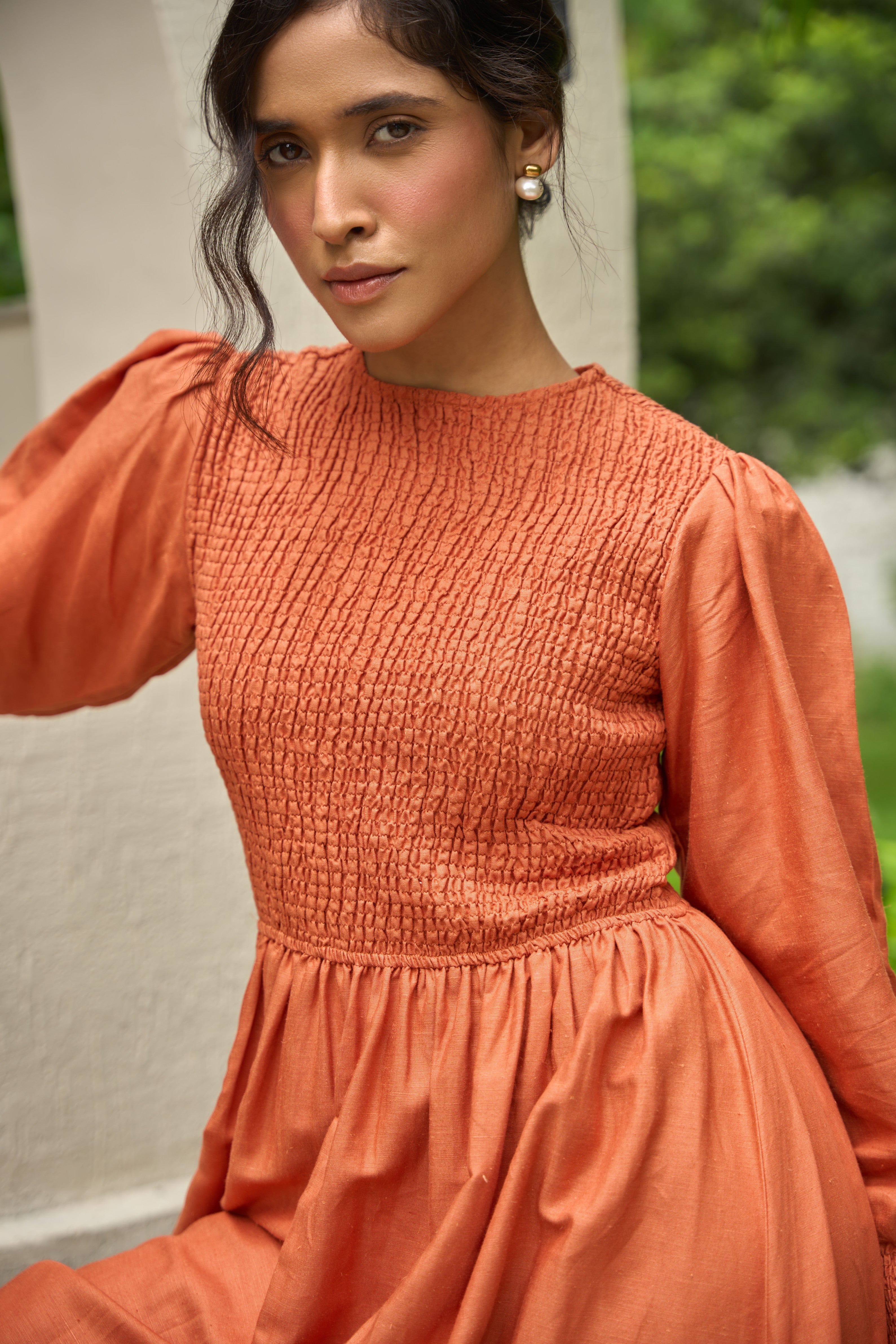 CAMBRIDGE BROWN SMOCKED MAXI DRESS