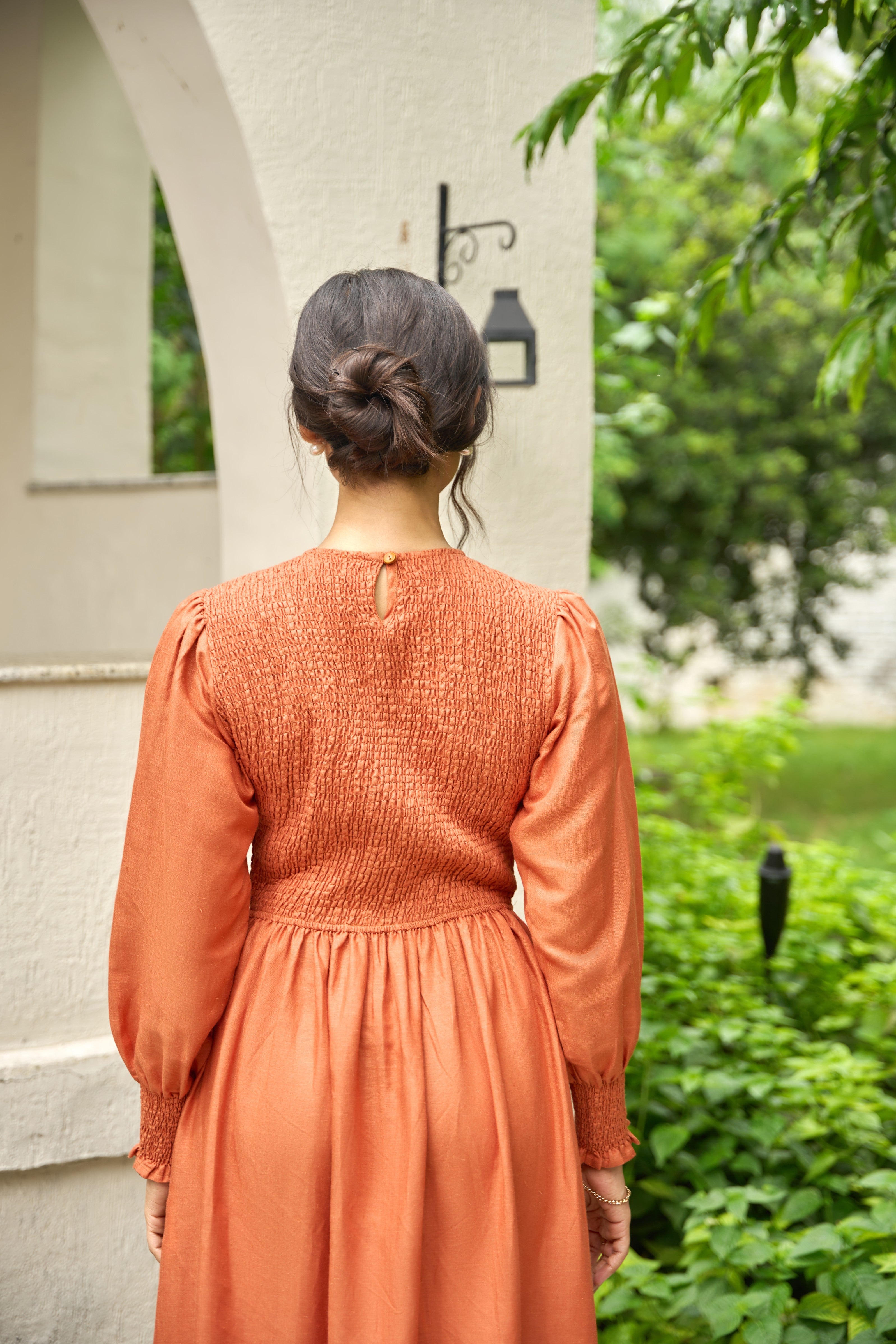 Smocked Maxi Dress in Cambridge Brown