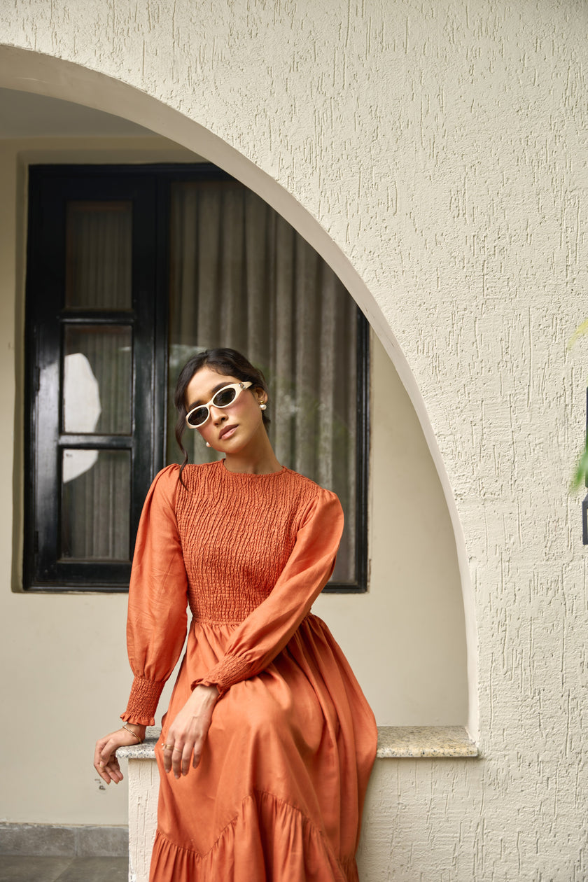 CAMBRIDGE BROWN SMOCKED MAXI DRESS