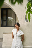 WHITE GATHERED V-NECK WAISTBAND MIDI DRESS